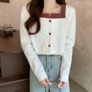 Square-neck Contrast Trim Long-sleeve Top