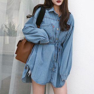 Puff-sleeve Long Denim Shirt