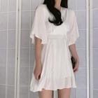 Elbow-sleeve Ruffled Chiffon A-line Mini Dress