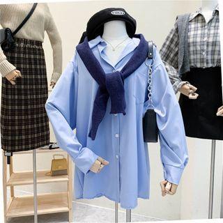 Set : Loose-fit Medium Long Shirt + Knit Shawl