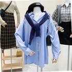Set : Loose-fit Medium Long Shirt + Knit Shawl