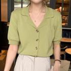 Short-sleeve Buttoned Knit Top Green - One Size