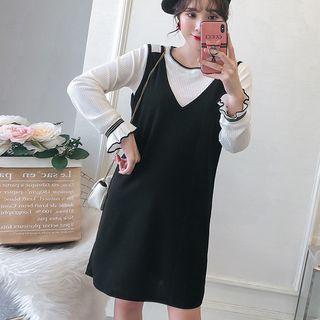 Set: Ruffle Trim Knit Top + Sleeveless A-line Dress