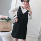 Set: Ruffle Trim Knit Top + Sleeveless A-line Dress