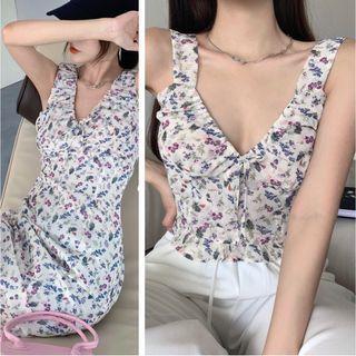 Sleeveless V-neck Floral Print Top / Sleeveless Floral Print Dress