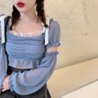 Long-sleeve Square-neck Cropped Blouse / Pleated Skirt