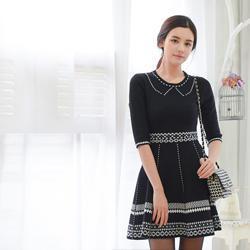 Elbow-sleeve Patterned Knit Dress