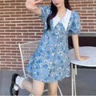 Puff-sleeve Contrast Collar Floral Denim Mini Shirtdress