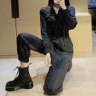 Plain Long-sleeve Tie-waist Jumpsuit