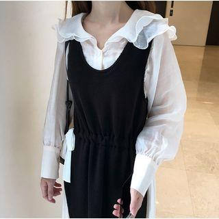 Lantern-sleeve Blouse / Sleeveless Pleated Panel Midi Dress