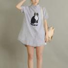 Cat Embroidered Short-sleeve Long Shirt