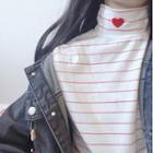 Long-sleeve Striped Heart Embroidered Mock-neck Top