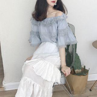 Lace Trim Elbow-sleeve Top / A-line Midi Skirt