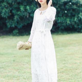 Set: Flower Embroidered Long Sleeve Chiffon Midi Dress + Slipdress
