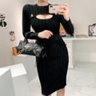 Long-sleeve Cutout Knit Mini Bodycon Dress Black - One Size