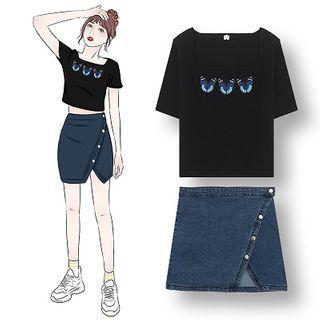 Butterfly Short-sleeve Cropped T-shirt / Asymmetric Button Denim Mini Skirt