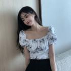 Short-sleeve Off-shoulder Graphic Print Crop Top White - One Size