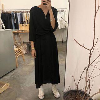 Tie Waist 3/4-sleeve Midi Dress Black - One Size