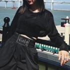 Set: Long-sleeve Crop Top + Strappy Halter Crop Top + Wide-leg Shorts