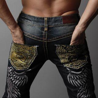 Stitched Embroidered Straight-cut Jeans 28