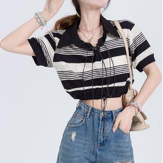 Short-sleeve Polo Neck Striped Crop Top Black & Off-white - One Size