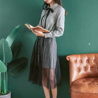 Set: Bow Accent Shirt Dress + Mesh Skirt