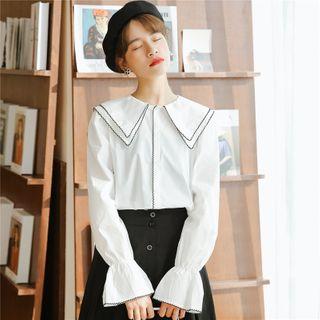 Flared-cuff Embroidered Trim Blouse White - One Size