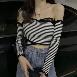 Long-sleeve Off-shoulder Frill Trim Knit Crop Top
