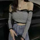 Long-sleeve Off-shoulder Frill Trim Knit Crop Top