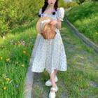 Short-sleeve Square-neck Floral Midi Skirt