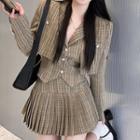 Plaid Cropped Jacket / Button Vest / Pleated Mini A-line Skirt