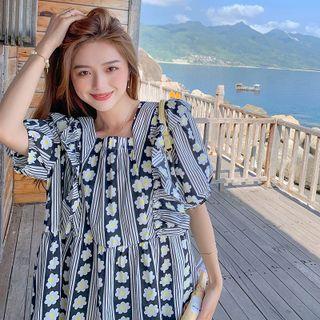 Puff-sleeve Striped Floral Dress