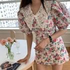 Short-sleeve Floral Print Mini A-line Dress Multicolor - One Size