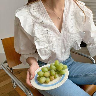 V-neck Laced Frill-trim Blouse