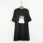 Cat Print Ruffle Hem Short-sleeve T-shirt Dress