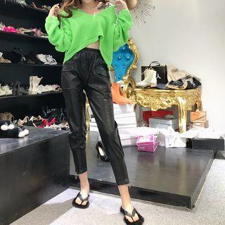 Collared Cut-out Long-sleeve Cropped Knit Top / Faux Leather Cropped Pants