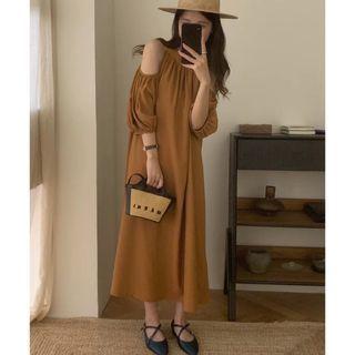 Lantern-sleeve Off-shoulder Plain Ruched Dress Brown - One Size