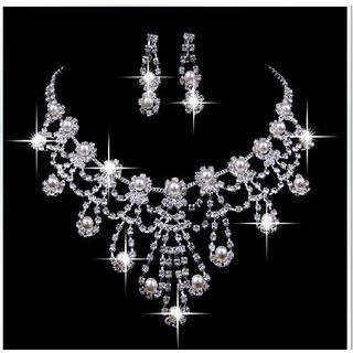 Bridal Set: Faux Pearl Necklace + Earrings