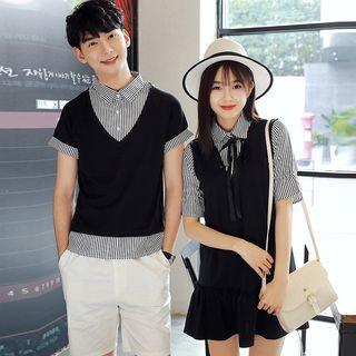 Couple Matching Mock Two Piece Striped Panel Short Sleeve Shirt/ Short Sleeve Shirt Dress