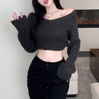 V-neck Woolen Crop Sweater Dark Gray - One Size