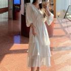 Lantern-sleeve V-neck Ruffle Trim Dress White - One Size