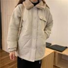 Fleece Collar Padded Jacket Beige Almond - One Size