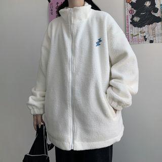 Bolt Embroidered Faux Shearling Zip Jacket