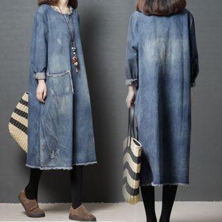 Long-sleeve Washed Denim Midi Dress