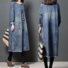 Long-sleeve Washed Denim Midi Dress