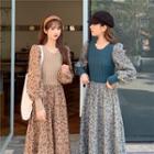 Knitted Panel Floral Puff-sleeve Long Dress