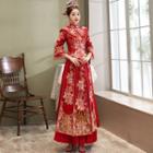 Set: Embroidered Fringed Trim Chinese Wedding Cheongsam + Maxi Skirt