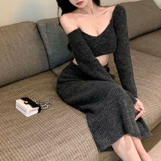 Long-sleeve Off-shoulder Knit Crop Top / Midi Pencil Skirt