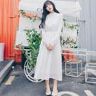 Mock-turtleneck Embroidered Tie-waist Plain Long Dress