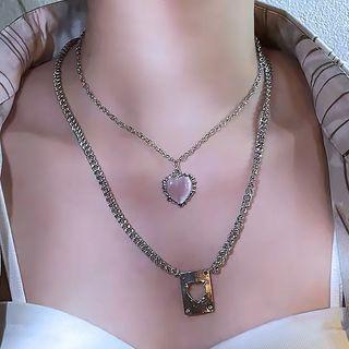 Cat Eye Stone Pendant Layered Stainless Steel Necklace Silver - One Size